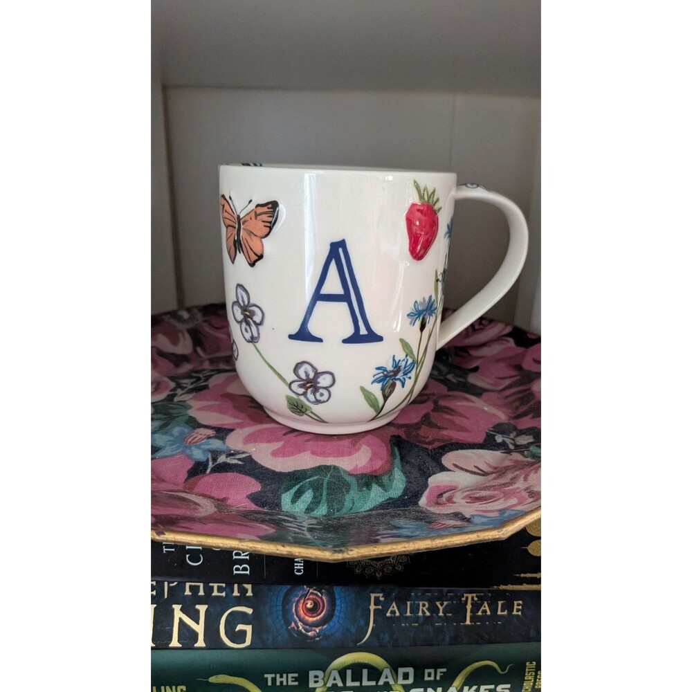 Anthropologie Initial A Floral Butterfly Ceramic Mug White 14 fl oz